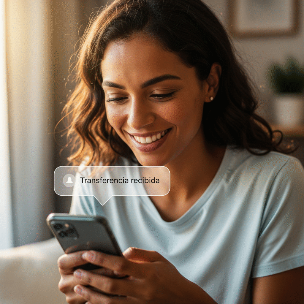 Cliente recibiendo transferencia en su móvil